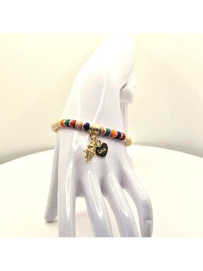Gold-Tone Beaded Bracelet With Multicolor Accents And Hamsa Hand And Heart Charm
